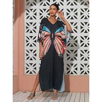 Kaftan maxi-jurk van chiffon met vlinderprint en v-hals - thumbnail