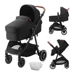 VEVOR standaard kinderwagen babybuggy met reiswieg verstelbare rugleuning met 3e versnelling en opklapbare en omkeerbare stoel pasgeboren buggy van koolstofstaal met beenafdekking en net zwart