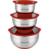 Set di insalatiere - ARTHUR MARTIN - AM032 - 16-20-24 cm - Coperchi ermetici - Acciaio inox - Fondo in silicone antiscivolo