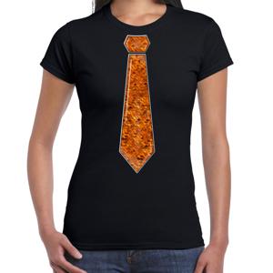 Verkleed t-shirt voor dames - stropdas oranje - pailletten - zwart - carnaval - foute party