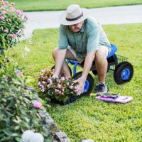 Tuinzit met Wielen 360° Draaibaar in Hoogte Verstelbaar Rolstoel met Opbergruimte en Mand Blauw