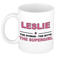 Naam cadeau mok/ beker Leslie The woman, The myth the supergirl 300 ml   -