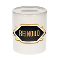 Spaarpot met voornaam Reinoud - wit - goud/zwart embleem - 8 x 9 cm - keramiek - afsluitdop