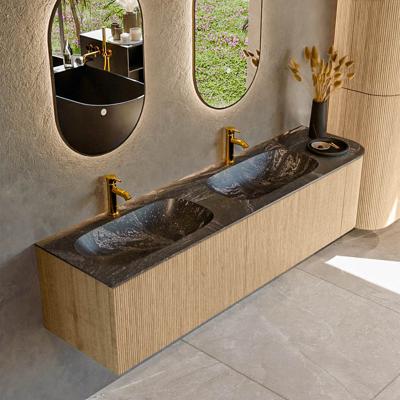 Mondiaz KURVE-DLUX 175 cm Onderkast Greeploos 2 Lades Met Deuren Oak, Wastafel Solid Surface Links Lava 2 Kraangaten Zonder Spiegel (KRVSTS175R2L1D2KD-Oak/Lav)