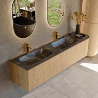 Mondiaz KURVE-DLUX 175 cm Onderkast Greeploos 2 Lades Met Deuren Oak, Wastafel Solid Surface Links Lava 2 Kraangaten Zonder Spiegel (KRVSTS175R2L1D2KD-Oak/Lav)