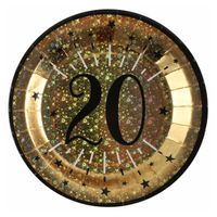 Santex verjaardag feest bordjes leeftijd - 10x - 20 jaar - goud - karton - 22 cm - Feestbordjes