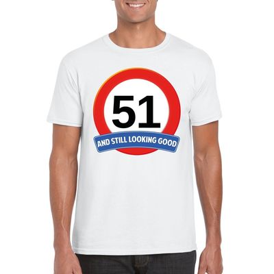 Verkeersbord 51 jaar t-shirt wit heren Verkeersbord 51 jaar t-shirt wit heren