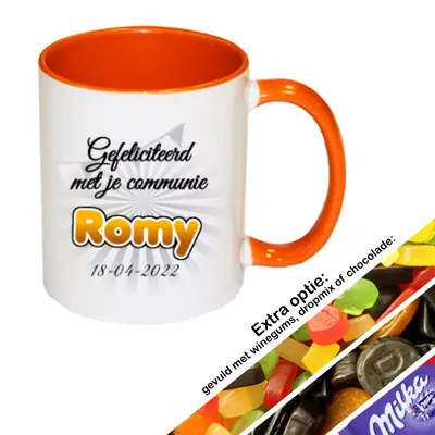 Eerste Communie mok met naam en datum (oranje)