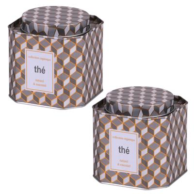 Thee bewaarblik - 2x - retro print - metaal - 10 x 10 cm - theeblik - losse thee