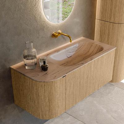 Badmeubel Mondiaz Kurve-Dlux | 105 cm | Meubelkleur Oak | Wastafelkleur Arena | Solid surface | Wasbak rechter zijde spoelbak | Zonder kraangat(en)