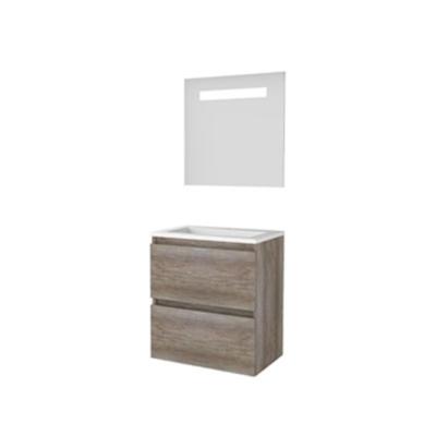Basic-Line Economic 39 Badkamermeubelset - Ondiep - 60 x 39 cm - Greeploos - 2 Lades - Keramische Wastafel - 1 Kraangat - Spiegel met LED Verlichting - Scotch Oak