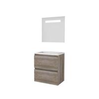 Basic-Line Economic 39 Badkamermeubelset - Ondiep - 60 x 39 cm - Greeploos - 2 Lades - Keramische Wastafel - 1 Kraangat - Spiegel met LED Verlichting - Scotch Oak