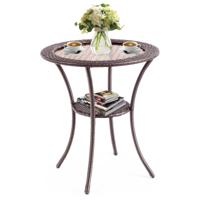 Buiten Ronde Eettafel Patio Bistro Tafel met Gehard Glazen Tafelblad en Opbergplank 64 x 64 x 72CM Bruin