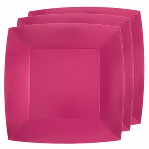 30x Stuks feest ontbijt/gebak bordjes papier/karton vierkant - fuchsia - 18cm