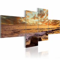 Schilderij - Zonsondergang aan Zee, 4luik , oranje , wanddecoratie , premium print op canvas - thumbnail