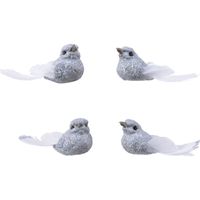 4x Decoratie glitter vogeltjes zilver op clip 5 cm   -