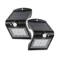 Set van 2 LED solar wandlampen - 4000K neutraal wit - 1,5 Watt 220lm - Bewegingssensor en schemerschakelaar - 3 lichtstanden - IP65 - Zwart