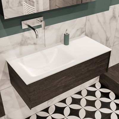 Mondiaz Lush Cloud badmeubel eiken Dark brown 100 cm 1 lade solid surface enkele spoelbak links zonder kraangat