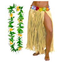 Hawaii verkleed hoela rokje en bloemenkrans - volwassenen - naturel - tropisch themafeest - hoela - thumbnail