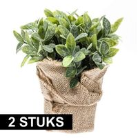 2x Kunstplanten munt kruiden groen in jute pot 19 cm - thumbnail