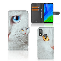 Huawei P Smart 2020 Telefoonhoesje met Pasjes Witte Kat - thumbnail