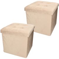 Poef/hocker/krukje - 2x - opbergbox - lichtbruin - fluweel polyester - 38 x 38 cm - opvouwbaar