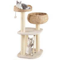 104 cm Houten Kattenboom met Zitstaaf & Mand & Sisalpalen Krabpaal Klimboom Beige