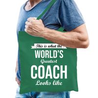Cadeau tas voor coach/trainer - groen - katoen - 42 x 38 cm - thumbnail