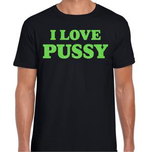 Foute party t-shirt heren - I love Pussy - zwart - glitter groen - carnaval/themafeest