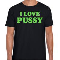 Foute party t-shirt heren - I love Pussy - zwart - glitter groen - carnaval/themafeest - thumbnail