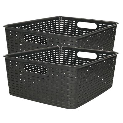 Opbergmand - 2x - Kastmand - rotan kunststof - zwart - 12 Liter - 30 x 37 x 13 cm