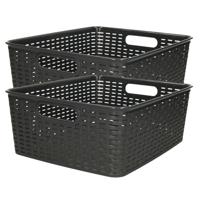 Opbergmand - 2x - Kastmand - rotan kunststof - zwart - 12 Liter - 30 x 37 x 13 cm