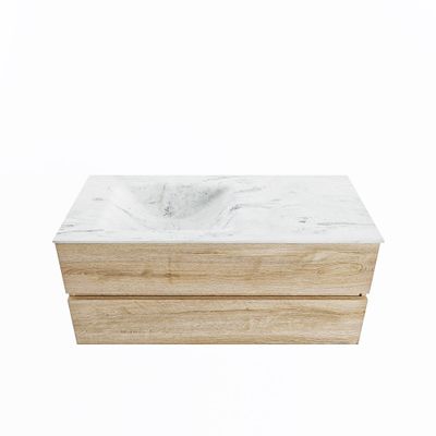MONDIAZ VICA-DLUX 110cm badmeubel onderkast Washed Oak 2 lades. Inbouw wastafel CLOUD links zonder kraangat, kleur Opalo.