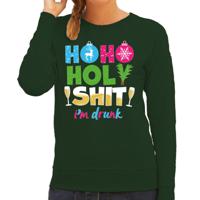 Foute Kersttrui/sweater voor dames - hohoholy shit - dronken - groen - hilarische kerst