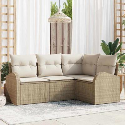 Tuinbankenset met kussen 4 pcs Beige en Wit poly rattan