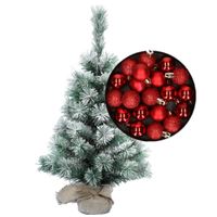 Besneeuwde mini kerstboom/kunst kerstboom 35 cm met kerstballen rood - thumbnail