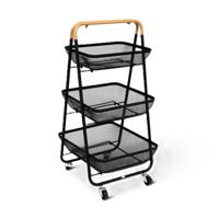 5Five Keuken/badkamer opberg trolley - 3 laags - zwart - 48 x 41 x 87 cm - mesh metaal