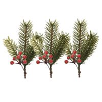 Kersttakken/dennentakken - 3x - groen met bessen - 21.5 cm - thumbnail