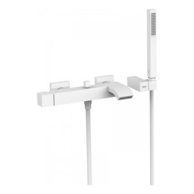 Badkraan Tres Cuadro | Opbouw | Mengkraan | Waterval uitloop | Incl.Handdoucheset | 2-weg | hoh 15 cm | 1-knop | Vierkant | Wit mat