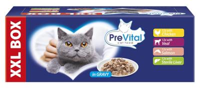PREVITAL XXL BOX Smaakmix met Kip, Kalfsvlees, Zalm en Lever in saus - nat kattenvoer - 48 x 100g