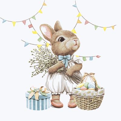 Paas thema servetten Bunny Joy - 20x - konijn print - 24 x 24 cm - feestservetten - Paasontbijt