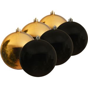 Kunststof kerstballen 6x stuks goud en zwart 14 cm