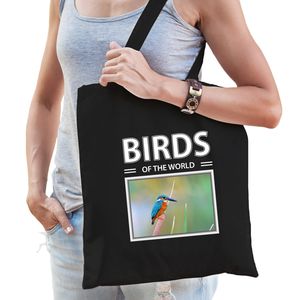 Katoenen tasje Ijsvogels zwart - birds of the world Ijsvogel cadeau tas