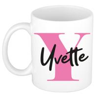 Naam mok Yvette - roze - wit - keramiek - 300 ml - verjaardag/cadeau beker