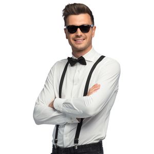 Carnaval verkleed set - bretels/party bril/vlinderstrikje - zwart - volwassenen/heren/dames