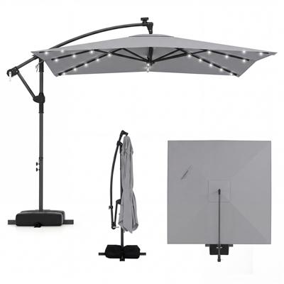 Zonne-LED-parasol met Zijdelingse Bevestiging 250 x 250 cm Vierkante Tuinparasol voor Buiten met 360°-Draaifunctie-Grijs