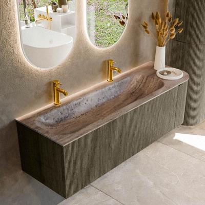Badmeubel Mondiaz Kurve-Dlux | 145 cm | Meubelkleur Shadow | Wastafelkleur Oza | Solid surface | Wasbak linker zijde spoelbak | 2 kraangaten