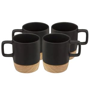 Koffiekopjes/theekopjes - 12 stuks - aardewerk - zwart - 120 ml - bamboe onderzetter