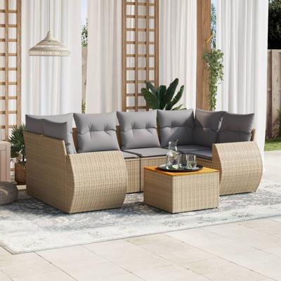 7-delige Loungeset met kussens poly rattan beige