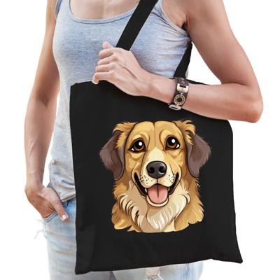 Cadeau tas voor hondenliefhebbers - zwart - Golden Retriever hond - cartoon - katoen - 42 x 38 cm